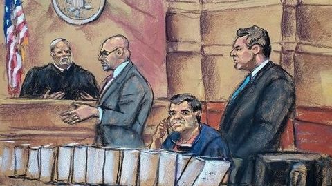 Dibujo de la primera sesin del juicio al Chapo Guzmn