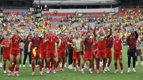 La Selecci�n de Suiza celebrando su victoria frente a Colombia.