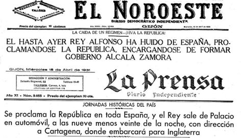 Portadas de 'El Noroeste' y 'La Prensa' el 15 de abril de 1931, tras la proclamacin de la Repblica 