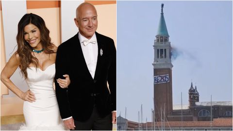 A la izquierda, Lauren Sánchez y su prometido, Jeff Bezos. A la derecha, acto de protesta contra la boda en el campanario de la veneciana iglesia de San Giorgio.