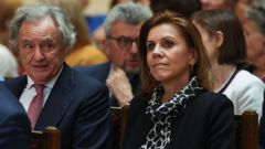 La exministra Mara Dolores de Cospedal y su esposo Ignacio Lpez del Hierro asistieron al acto por el homenaje por el X aniversario del rey Felioe VI, en junio del 2024