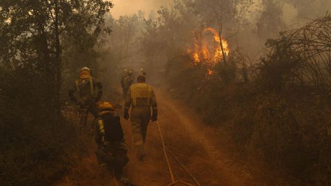 Brigadas trabajando en el incendio iniciado el s�bado en O Ri�s