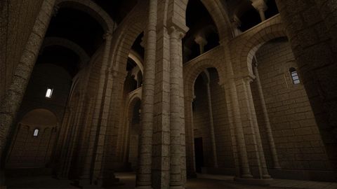 Reconstrucción virtual del interior de la Colegiata de Sar original, cuando se acabaron las obras de construcción en el siglo XIII