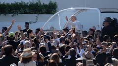 O papa Le�n XIV�chegando este xu�o �praza�de Cibeles, en Madrid.