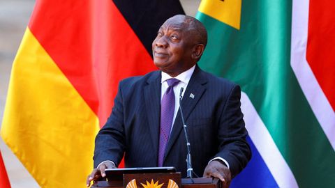 El presidente de Sud�frica, Cyril Ramaphosa, durante la visita del canciller alem�n, Olaf Scholz, al pa�s africano.