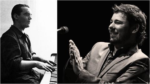 Garc&iacute;a Lorca retratado al piano por Eduardo Blanco Amor. A la derecha, Miguel Poveda.