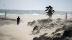 Varias personas pasean por la playa del Gurug� durante una jornada de viento este s�bado en Castell�n.