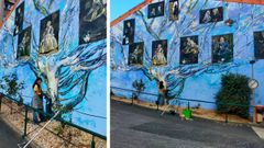 La pintora ferrolana Carmen Mart�n firma el magn�fico mural de la entrada de la residencia Mi Casa.