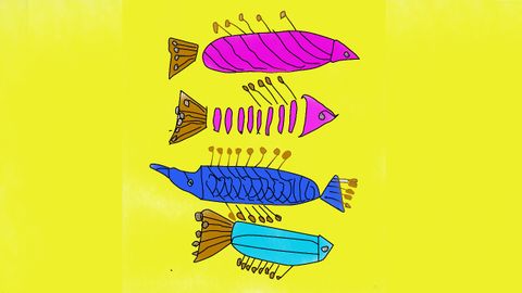 �Peces�. Sobre un fondo amarillo intenso se destacan cuatro peces en forma de huso