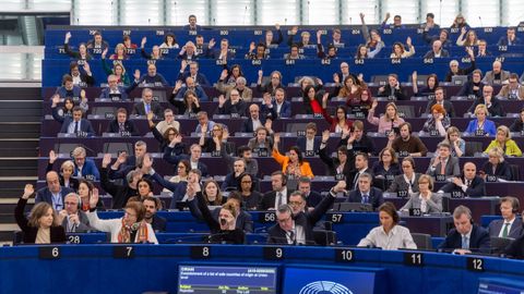 Los eurodiputados votan a mano alzada durante una sesi�n de votaci�n en el marco de la sesi�n plenaria del Parlamento Europeo en Estrasburgo.