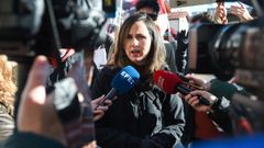 La secretaria general de Podemos, Ione Belarra, atiende a los medios durante la manifestaci�n convocada por CGT en Madrid.