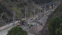 Vista de las v�as donde se encontraba el Alvia, ya despejadas tras la retirada de los vagones siniestrados en Adamuz (C�rdoba).