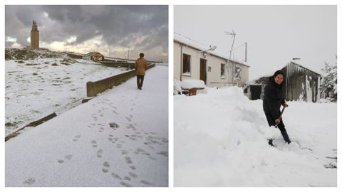 A la izquierda una imagen de la nevada de enero de 1987 y a la derecha una mujer recoge nieve en A Fonsagrada el pasado mircoles