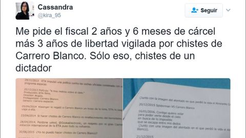 La fiscal�a solicita pena de c�rcel para Cassandra Vega por unos tuits sobre Carrero Blanco.La fiscal�a solicita pena de c�rcel para Cassandra Vega por unos tuits sobre Carrero Blanco 