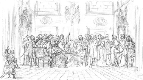 Boceto a l�piz que dio pie a la ilustraci�n que hizo Alberto Taracido de la Asamblea de Melide.<br />�<br />�<br />