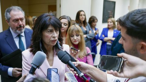 La ministra de Igualdad, Ana Redondo, atiende a la prensa en los pasillos del Senadoel pasado mircolesen relacin con su gestin de la crisis de las pulseras de control telemtico de agresores machistas.