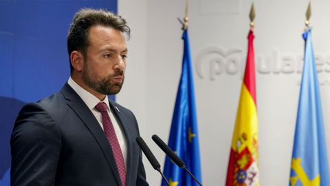 El presidente del PP de Asturias, lvaro Queipo, durante la rueda de prensa que ha ofrecido sobre financiacin autonmica este martes en la sede regional del partido