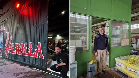 Roberto V�zquez, de�Valhalla Strength Gym, y�Jos� Manuel V�zquez, de�Comercial Agr�cola Vicente de la Fuente, dos de los negocios del puerto de Betanzos afectados por las inundaciones.