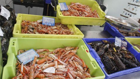 As lucan las cigalas frescas que venda una pescadera este mircoles en el mercado de A Magdalena, en Ferrol