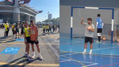 Nerea y Miguel, tras la carrera ante el estadio de San Siro, a la izquierda; y a la derecha, el naviego dirigiendo al Imdecum Burela FS juvenil.