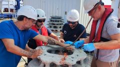 Profesionales implicados en el proyecto Life Dream, con uno de los arrecifes artificiales con los que intentan recuperar los corales de fondo en el mar de Alborn