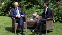 El presidente de los Estados Unidos, Joe Biden, con el primer ministro del Reino Unido, Rishi Sunak, durante su reuni�n en el jard�n del n�mero 10 de Downing Street, Londres, como parte de su visita al Reino Unido el 10 de julio del 2023.