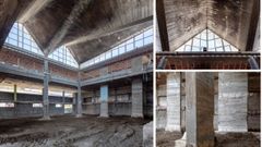 Patio central del Centro Oceanogr�fico de A Coru�a con la cubierta, inspirada en las velas n�uticas y, a la derecha, abajo, detalle de la cimentaci�n