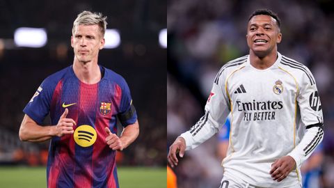 Dani Olmo y Kylian Mbapp�, jugadores del Barcelona y del Real Madrid.