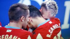 Seoane, Canella y Carrillo, celebrando el gol de este �ltimo, tercero del Lugo