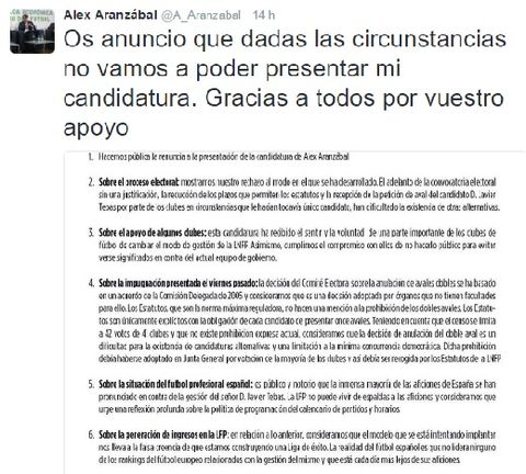 Tweet en el que Álex Aranzabal anunciaba la retirada de su candidatura