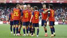 La selecci�n espa�ola celebrando el gol de Ferran Torres ante Irak en Abanca Riazor