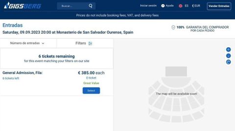 Captura de pantalla de una pgina web que ofrece entradas de Robert Plant a 385 euros.