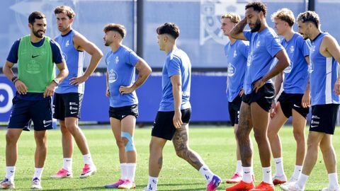Parte de la plantilla del Deportivo, durante la sesi&oacute;n de entrenamiento del s&aacute;bado en las instalaciones del club en Abegondo.