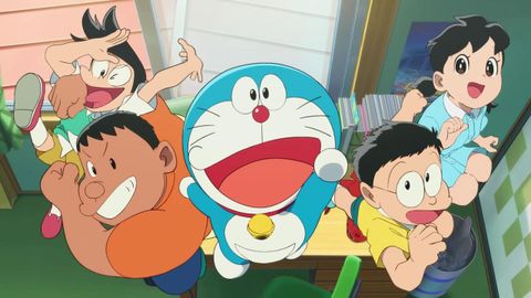 Doraemon, el gato c&oacute;smico, junto a Nobita, Gigante, Suneo y Shizuka