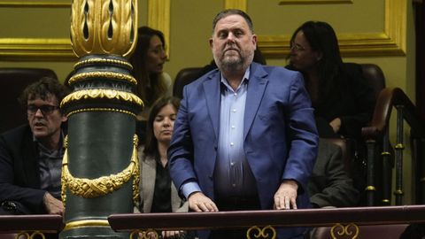 El presidente de ERC, Oriol Junqueras, en la tribuna de invitados del Congreso durante el debate de la ley de amnista.