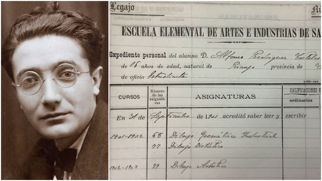 Retrato de xuventude de Castelao. � dereita, detalle do documento do expediente persoal do alumno Alfonso Rodr�guez Castelao, de 16 anos, natural de Rianxo, extra�do do cartafol n.� 289 e relativo � matr�cula do ano 1901 na Escola Elemental de Artes e Industrias de Santiago.