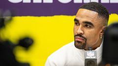 Jalen Hurts en una rueda de prensa con los Eagles.