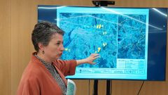 Eva Vilaverde muestra en un plano las seis parcelas que se estudiaron para construir el edificio municipal de emergencias. La seleccionada en la numero 5, en Valdecorvos