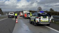 Imagen del accidente ocurrido en la A-8, con la furgoneta de los operarios de conservaci�n al fondo.