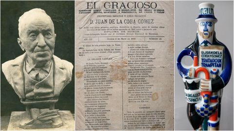 De esquerda a dereita, detalle do busto de Juan de la Coba realizado polo artista Ram&oacute;n Lafuente, exemplar da publicaci&oacute;n &laquo;El Gracioso&raquo; e figura que lle dedicou Sargadelos co seu tratado de trampit&aacute;n e o Pirand&aacute;rgallo.