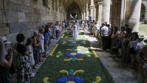 Celebracin del Corpus en Ourense. Alfombras florales en el claustro barrroco de Celanova.