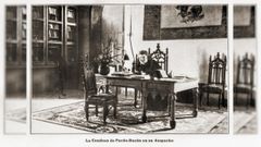 En la imagen puede verse a la escritora en uno de sus espacios personales. Al fondo, uno de los armarios en los que guardaba la gran cantidad de libros que conformaban su biblioteca personal. Uno de estos muebles a�n se conserva, olvidado, en el interior de las Torres de Meir�s