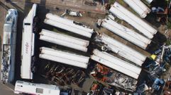 Los restos del Alvia, almacenados en A Escravitude, capturados por un dron