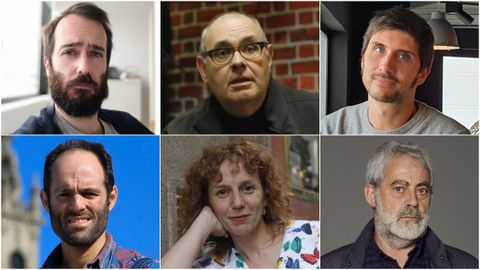 Arriba, de izquierda a derecha, los guionistas Enrique Lojo, Pepe Coira y Fran Carballal. Abajo, Diego Anido, María Vázquez y Carlos Blanco.