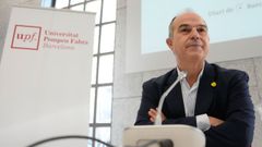 El secretario general de JxCat, Jordi Turull, durante una rueda de prensa en la Universitat Pompeu Fabra de Barcelona.