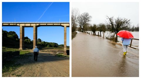 A la izquierda el estado del embalse de Belesar en agosto del 2022. A la derecha inundaciones del 1 de enero del 2023 en la provincia de A Corua