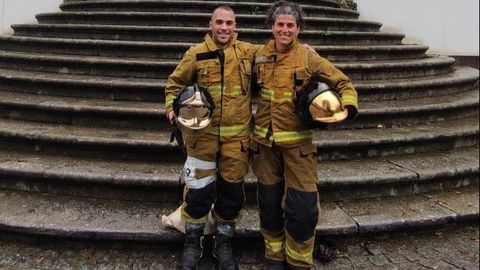 scar Poutn y Almudena Surez ganaron la medalla de oro la prueba mixta de Star Race (subida de escaleras) subiendo los 575 escalones del santuario del Bon Jess de Braga con el traje completo de bomberos.