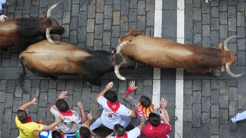 Los toros de la ganader�a gaditana de La Palmosilla a su paso por la calle de la Estafeta