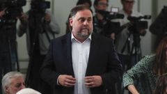 Oriol Junqueras, presidente de ERC, este mircoles en un desayuno informativo en Madrid