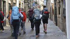 La presencia de peregrinos, en la foto este s�bado en la r�a do Franco, aumenta estos d�as de Semana Santa